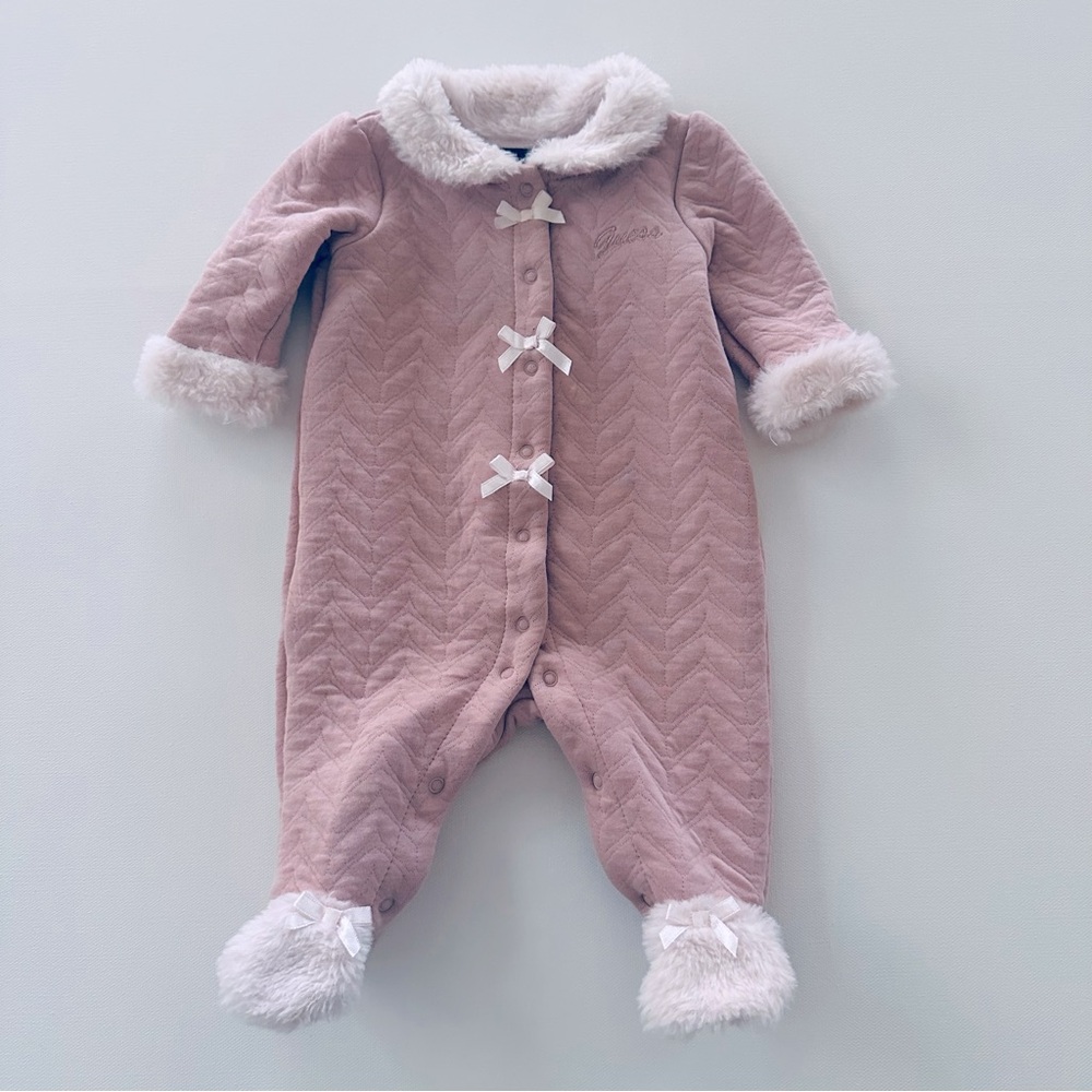 Guess 0-3 Months Baby Girl Pink Quilted Footie Faux Fur Coveralls